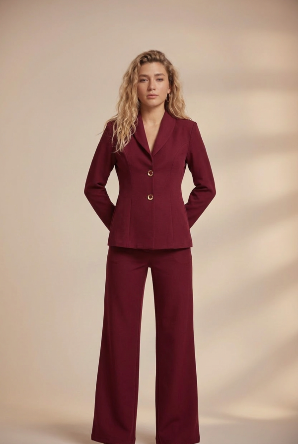 1780954116147-aa8m245 Lüks Bordo Kumaş Blazer Ceket ve Geniş Paça Pantolon Takım | Butik B2B Kadın Giyim