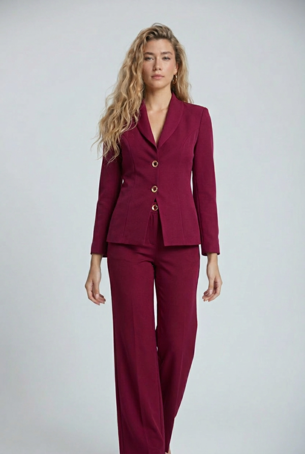 1780954123542-xozxc4c Lüks Bordo Kumaş Blazer Ceket ve Geniş Paça Pantolon Takım | Butik B2B Kadın Giyim