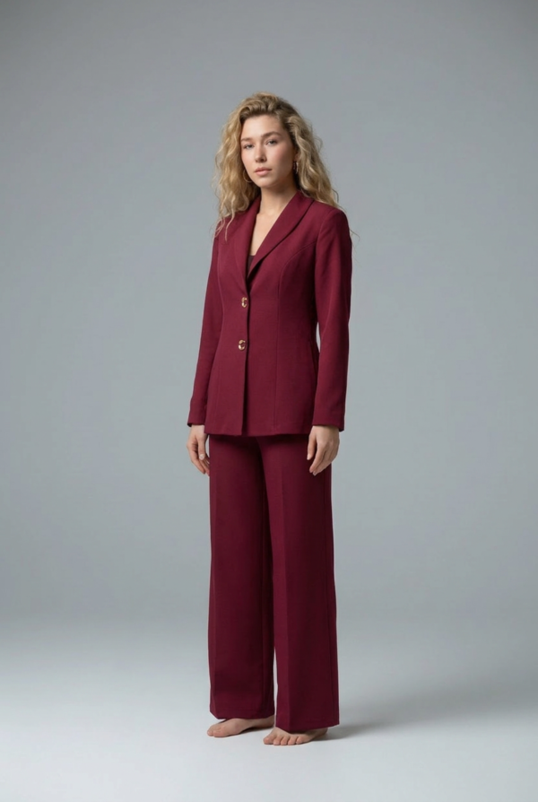 1780954128511-306kqro Lüks Bordo Kumaş Blazer Ceket ve Geniş Paça Pantolon Takım | Butik B2B Kadın Giyim