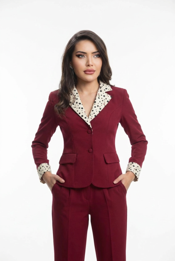 Bordo Puantiyeli Yaka Detaylı Kumaş Ceket Pantolon Takım