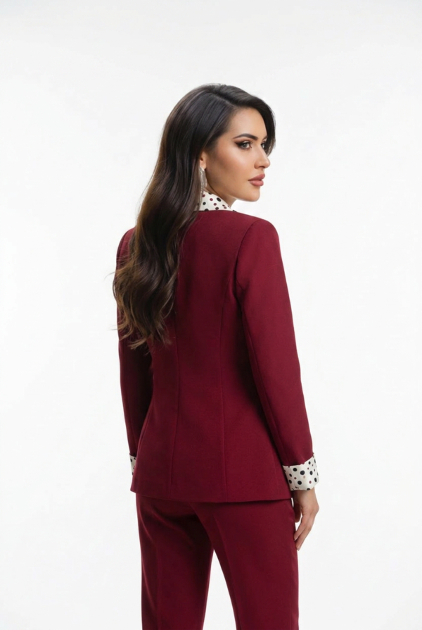 Bordo Puantiyeli Yaka Detaylı Kumaş Ceket Pantolon Takım
