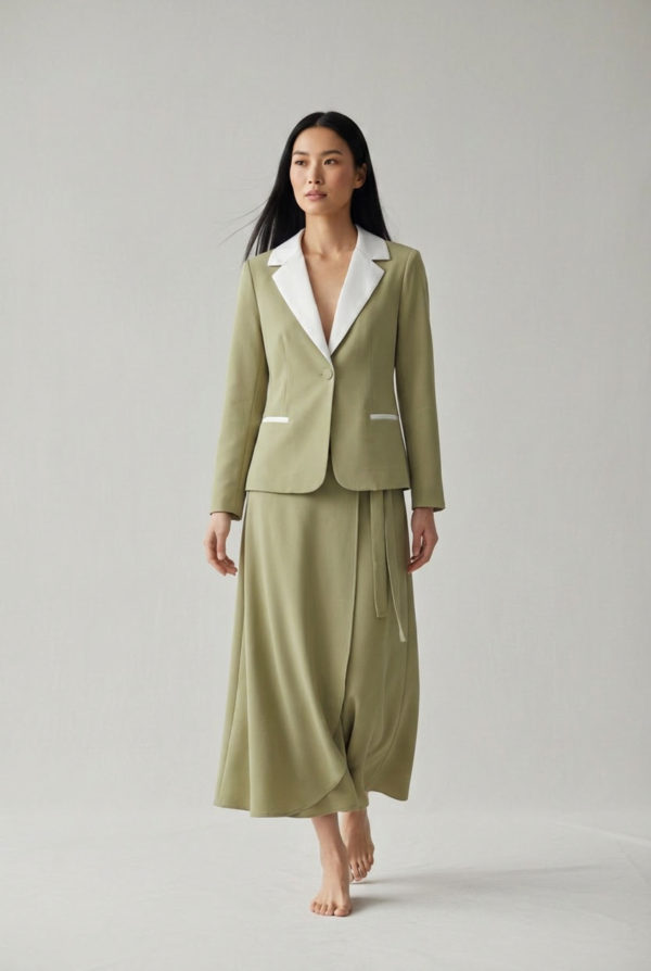 1781688974128-875vjfw Keten Haki Blazer Ceket ve Asimetrik Etek Takımı