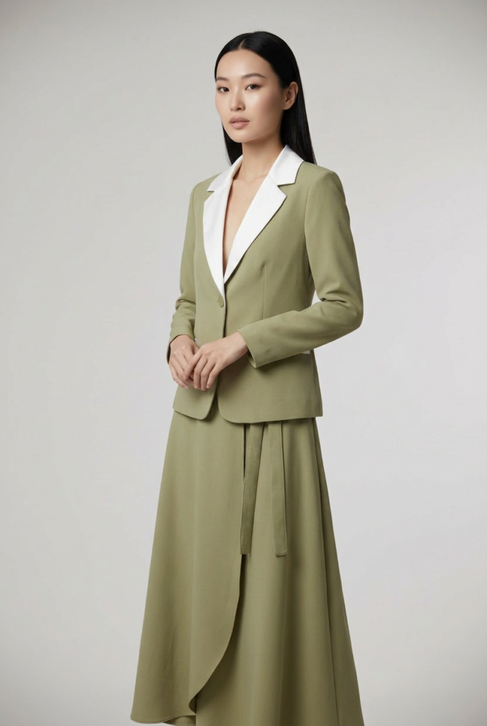 Keten Haki Blazer Ceket ve Asimetrik Etek Takımı
