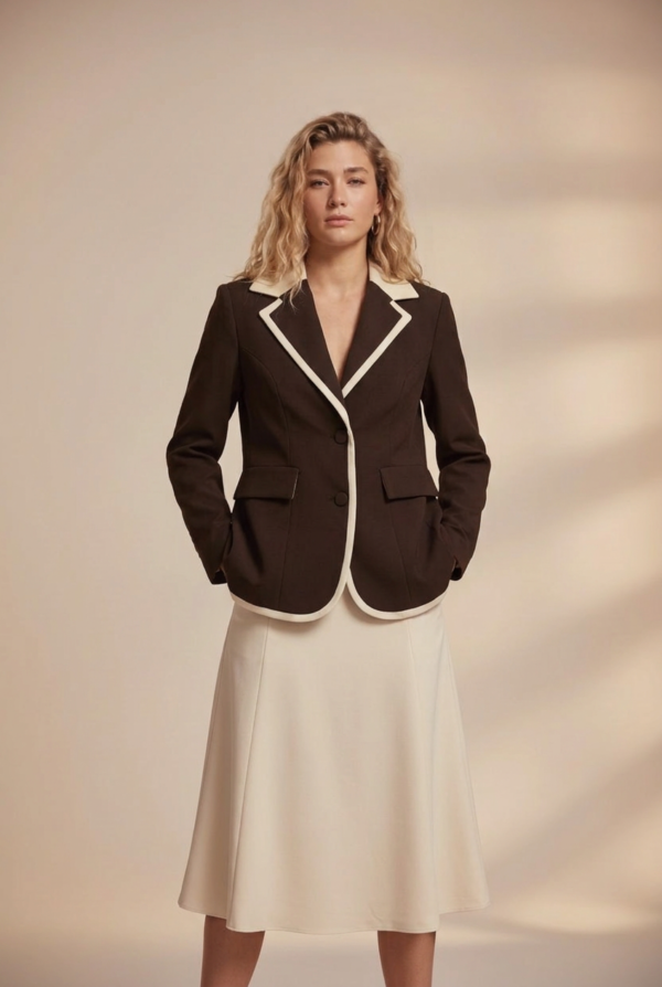 1781695618642-crpeisb Koyu Kahve Kontrast Yakalı Blazer Ceket ve Krem A Kesim Midi Etek Takımı