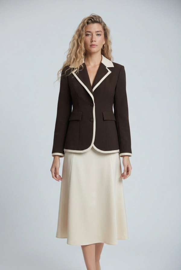 1781695622743-zp0hzw8 Koyu Kahve Kontrast Yakalı Blazer Ceket ve Krem A Kesim Midi Etek Takımı