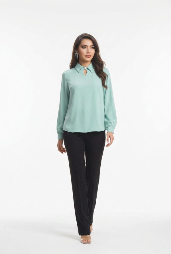 1781696587932-5oktudx İnci Detaylı Yaka Vual Bluz - Mint Yeşili Kadın Ofis Bluzu