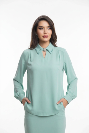 1781696595431-wqbpicb İnci Detaylı Yaka Vual Bluz - Mint Yeşili Kadın Ofis Bluzu