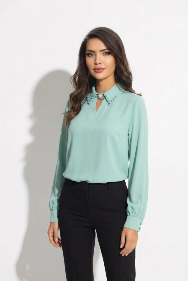 1781696599070-37irttu İnci Detaylı Yaka Vual Bluz - Mint Yeşili Kadın Ofis Bluzu