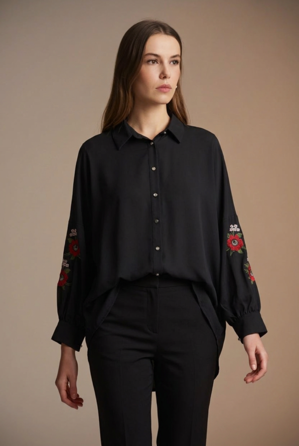 1781729532739-t61wnk5 Lüks Viskon Kumaş Nakış Detaylı Siyah Kadın Gömlek | Butik Özel Koleksiyon