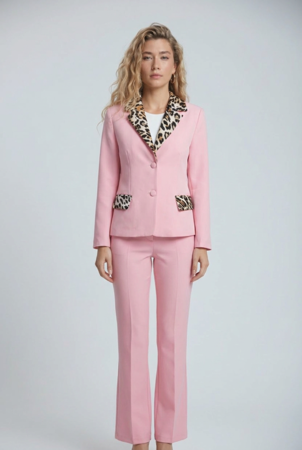 1781730516490-2dfcdfu Pembe Kumaş Leopar Detay Takım | Blazer ve Flared Pantolon B2B