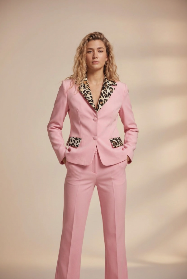1781730522386-6yxkdnl Pembe Kumaş Leopar Detay Takım | Blazer ve Flared Pantolon B2B